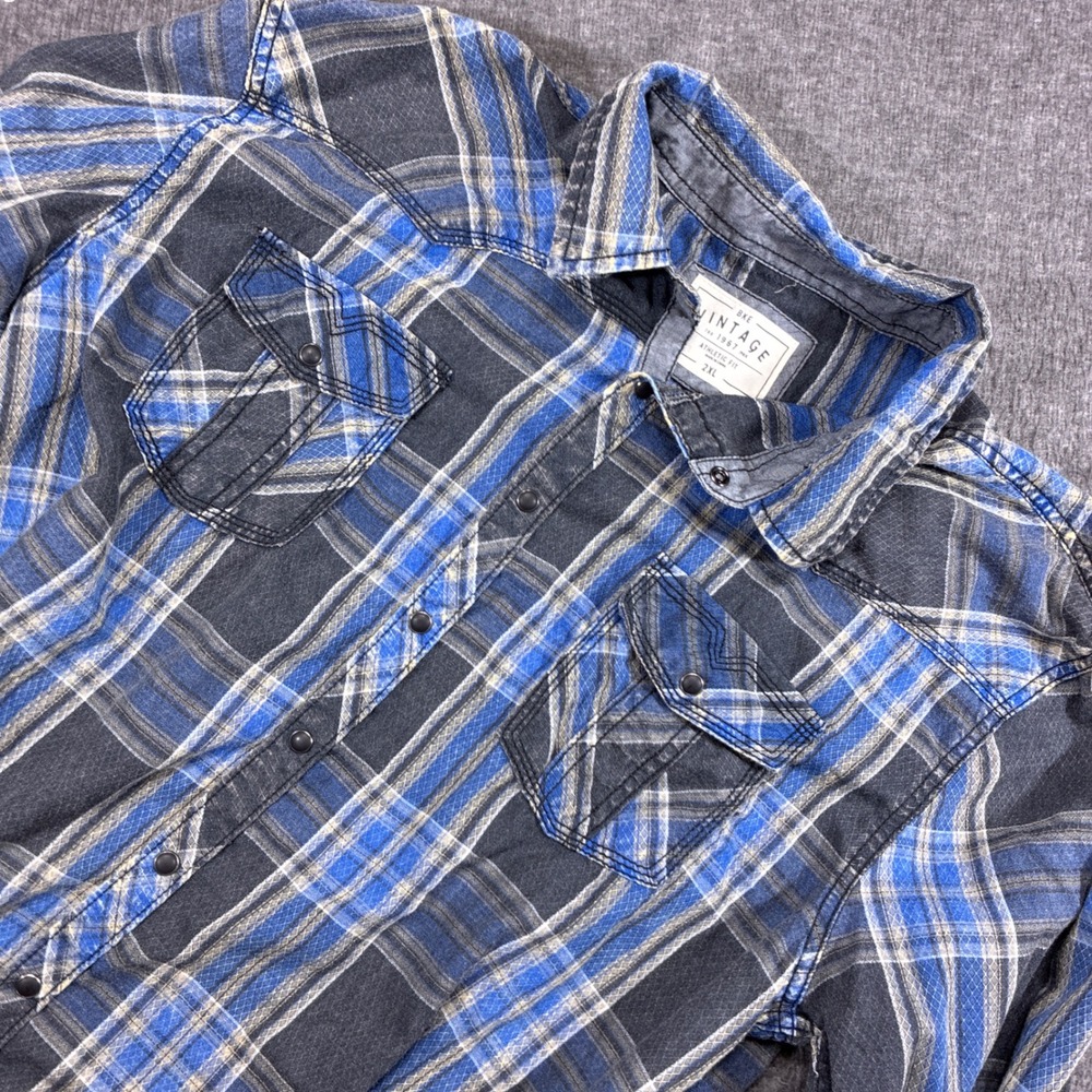 BKE Vintage Pearl Snap Shirt Mens 2XL Blue Plaid Western Athletic Fit Cowboy